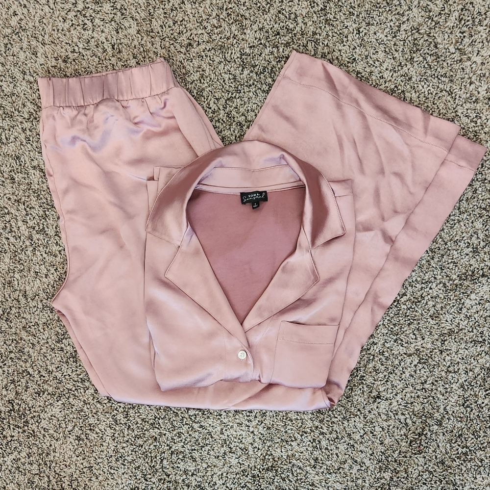 Soma sensual rose pink satin notch collar pajama set size small